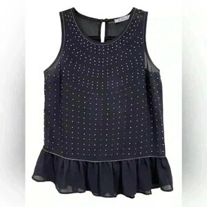 Chloe K Womens S Sheer Black Embellished Studded Ruffled Peplum Blouse Tank Top